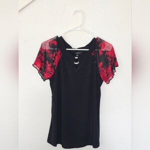 McCoy Black Tee with Red Floral Sheer Sleeves